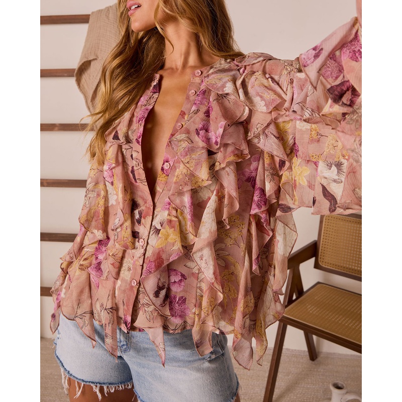 Anastelle Ruffle Chiffon Top Tan XS