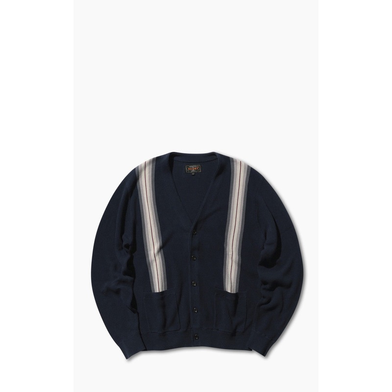 Beams Plus Cotton Jacquard Striped Cardigan Navy M