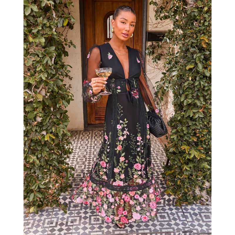 Beloved Bloom Embroidered Floral Maxi Dress Black Floral XS