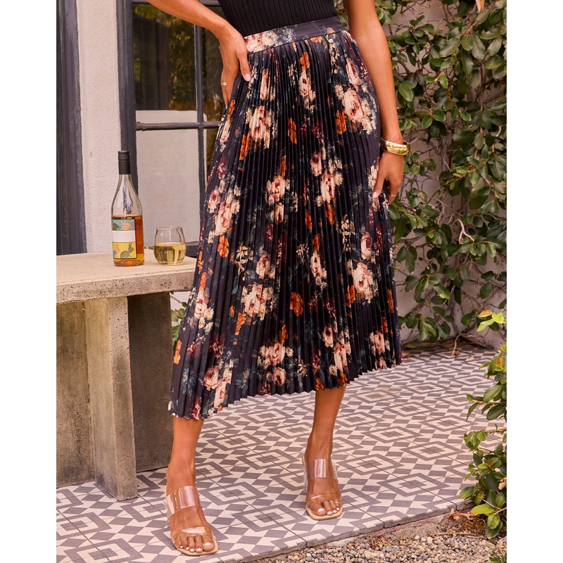 Dearest Bloom Plisse Midi Skirt Black XS