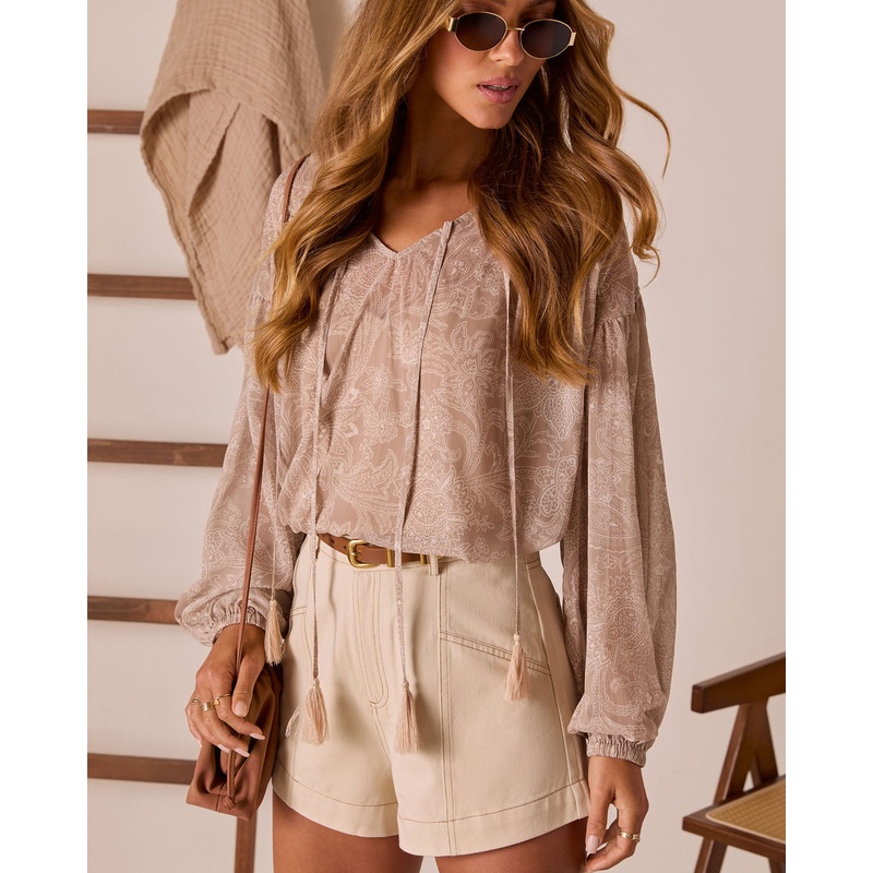 Eminah Front Tie Peasant Top Taupe XS