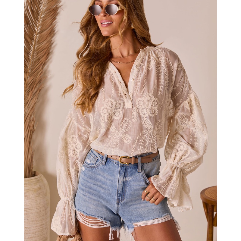 Exuma Embroidered Peasant Top Cream XS