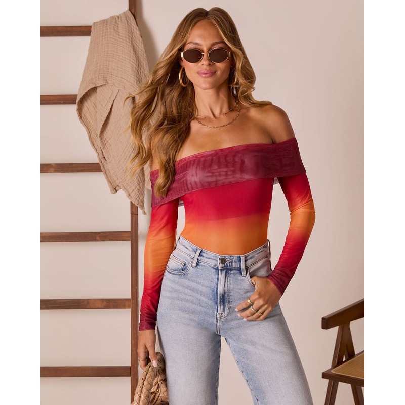 First Kiss Off The Shoulder Ombre Top Red Multi XS