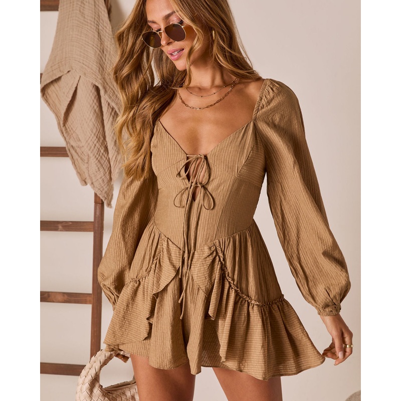 Lendsey Bust Tie Ruffle Romper Taupe XS