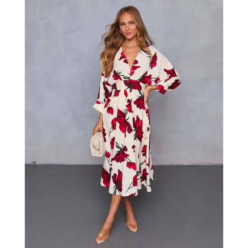 Sweet For You Kimono Sleeve Midi Dress Cream Multi S