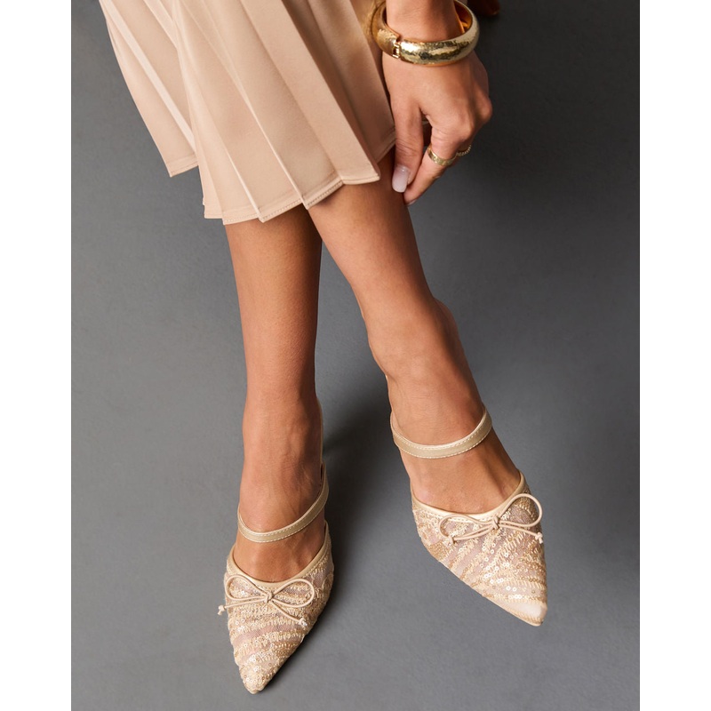 Chiclet Mesh Embroidery Heeled Mules Gold 6