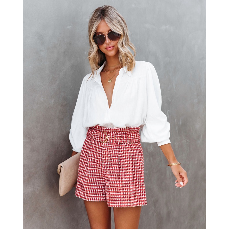 For The Record Houndstooth Belted Shorts Red XS