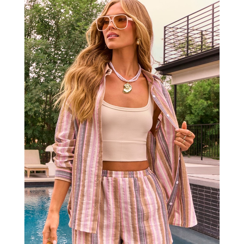 Golden Dusk Striped Button Down Top Pink Stripe XS