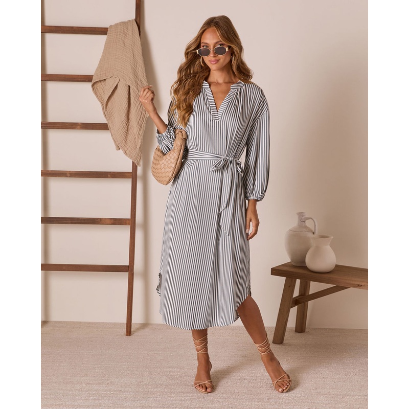 Midsummers Day Waist Tie Midi Shirt Dress Navy/White XS