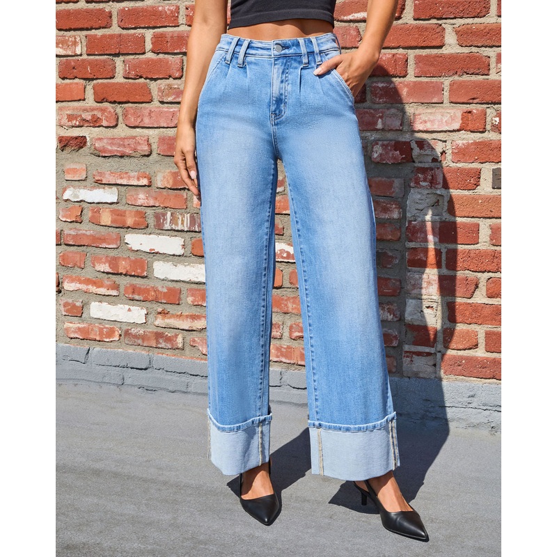 Wanderblues Stretch Cuffed Wide Leg Jeans Medium Wash 24