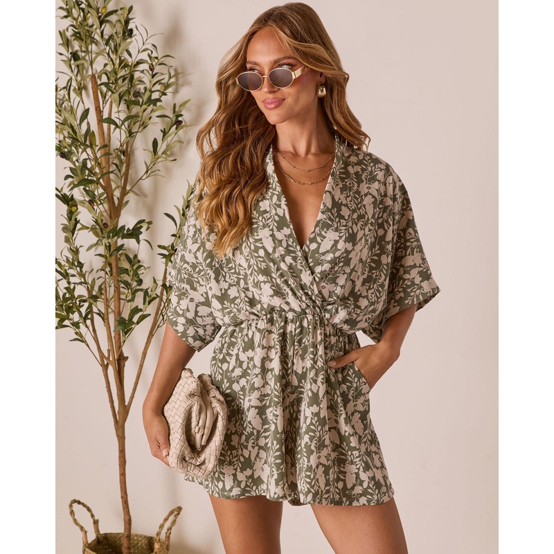 Barely Bloom Surplice Romper Olive XS