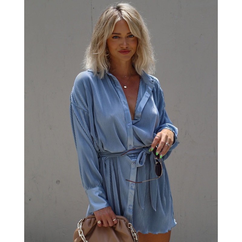 Aster Plisse Button Down Shirt Dress Dusty Blue XS