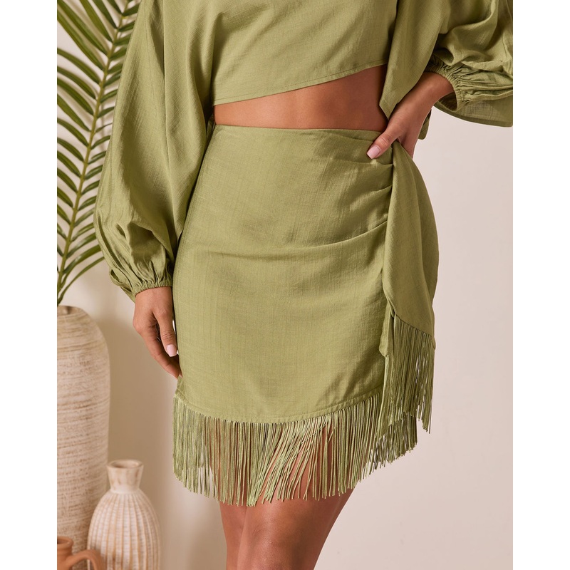 Caelia Wrap Fringe Mini Skirt Bright Olive XS