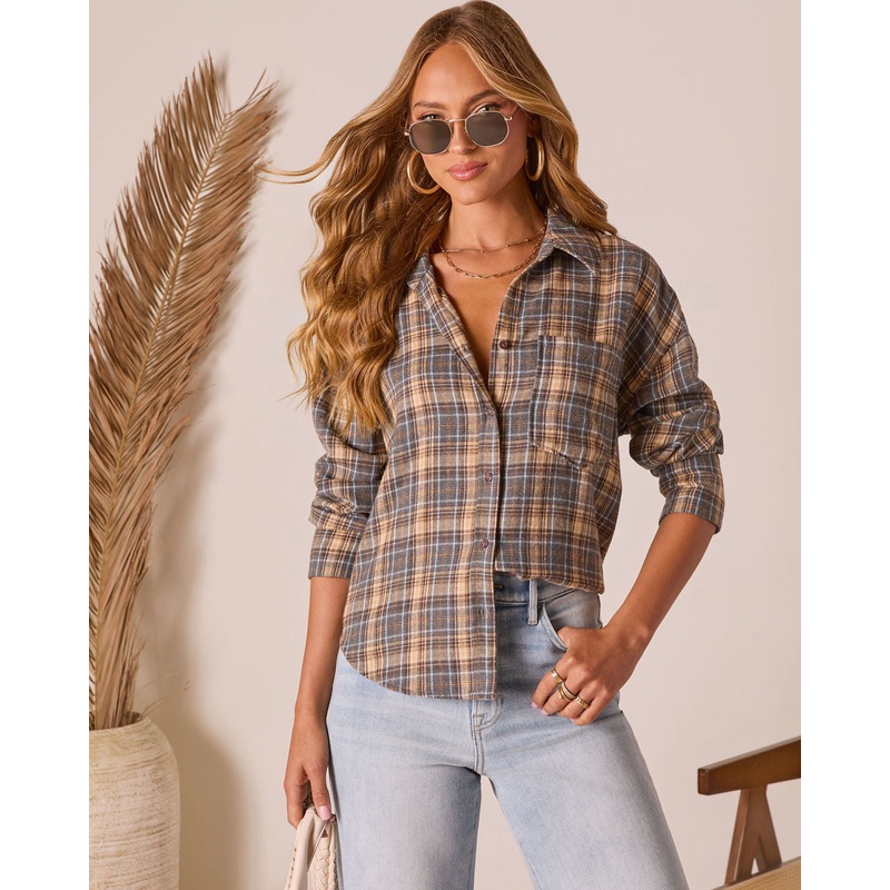 Ecole Plaid Button Down Top Grey Plaid XS
