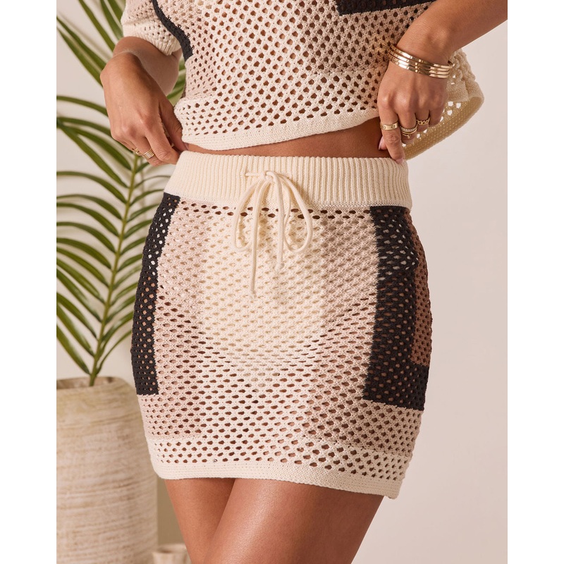 Enzen Color Block Crochet Mini Skirt Cream Print S