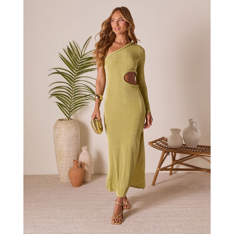 Marek One Shoulder Cutout Midi Dress Green XS