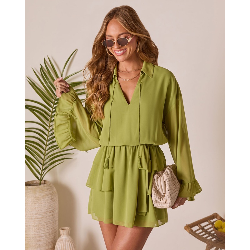 Odessi Tiered Waist Tie Mini Dress Lime XS
