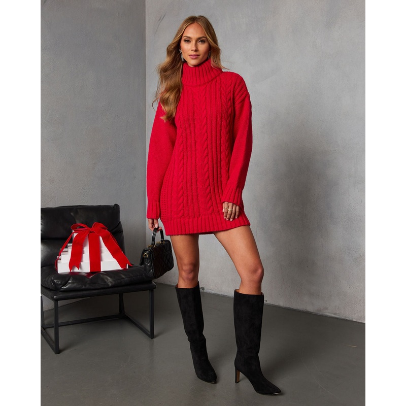 Briarene Cable Knit Sweater Dress Red XS