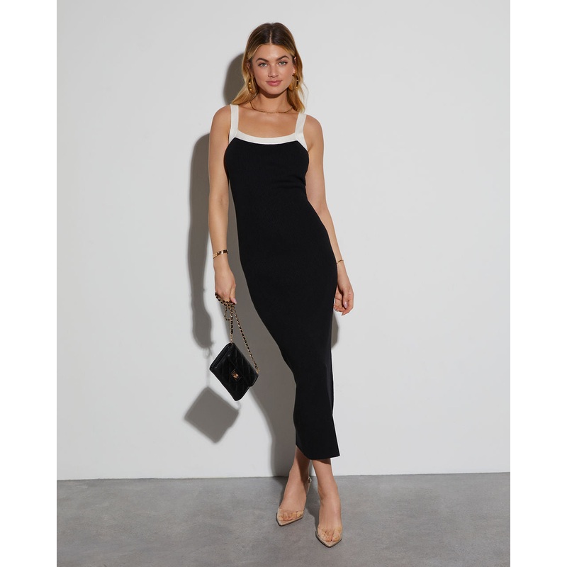 Elevated Ribbed Knit Midi Dress Black/White XS