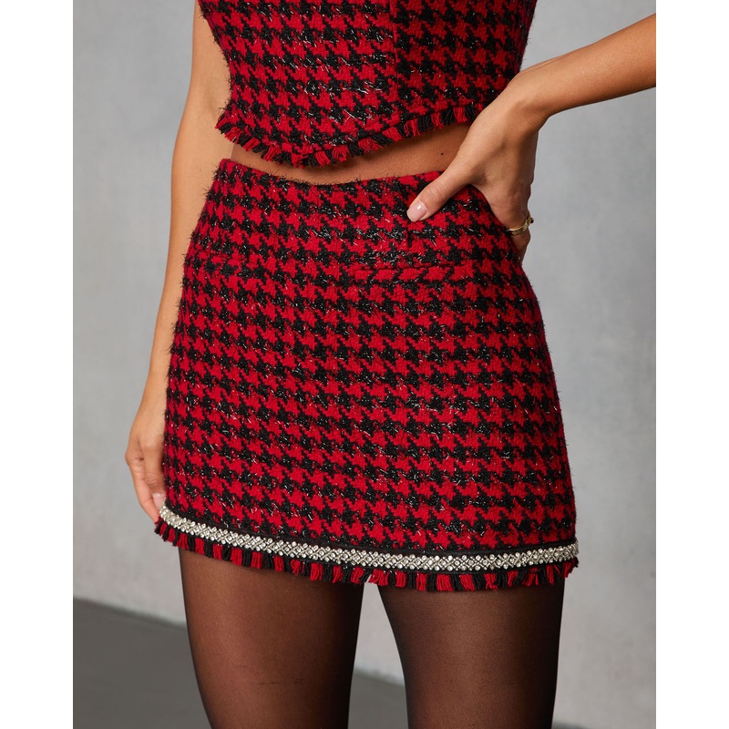 Fionne Frayed Rhinestone Trim Plaid Mini Skort Red Check XS