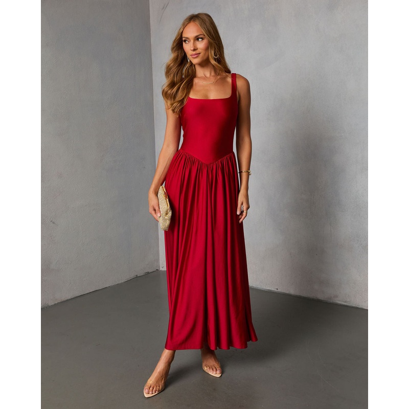 Firelight Muse Pleated Midi Dress Ruby XS
