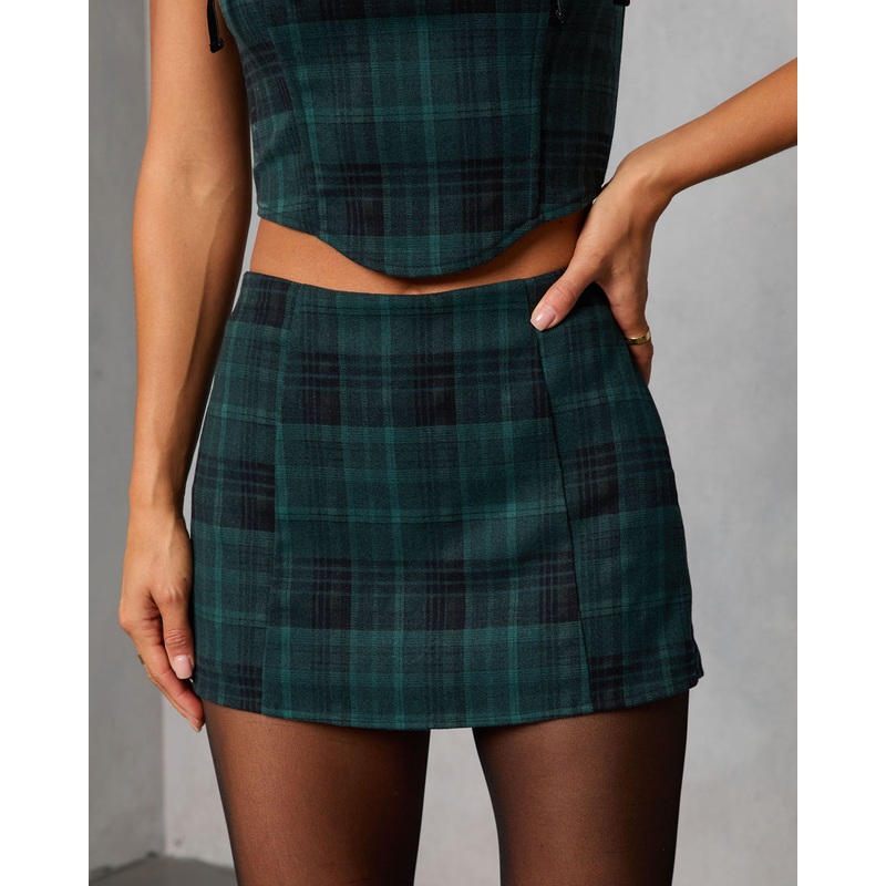 Gathered Grace Plaid Mini Skirt Emerald Plaid XS