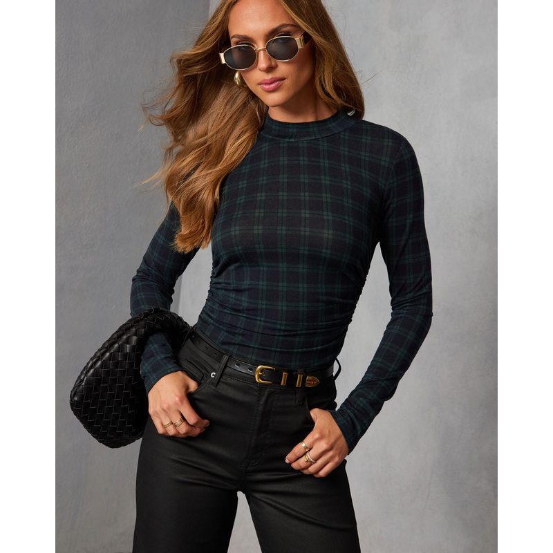 Highland Grove Plaid Mock Neck Top Hunter Green XS
