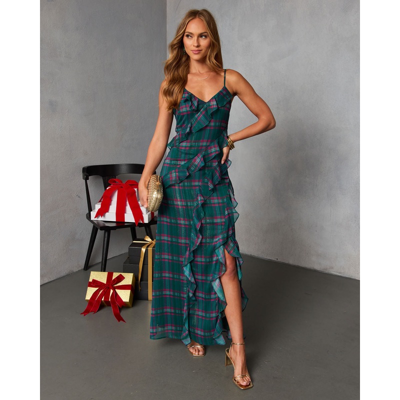 Jessara Ruffled Plaid Maxi Dress Green Plaid XS
