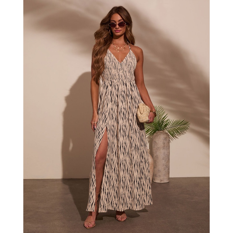 Paulina Abstract Halterneck Maxi Dress Tan/Black S