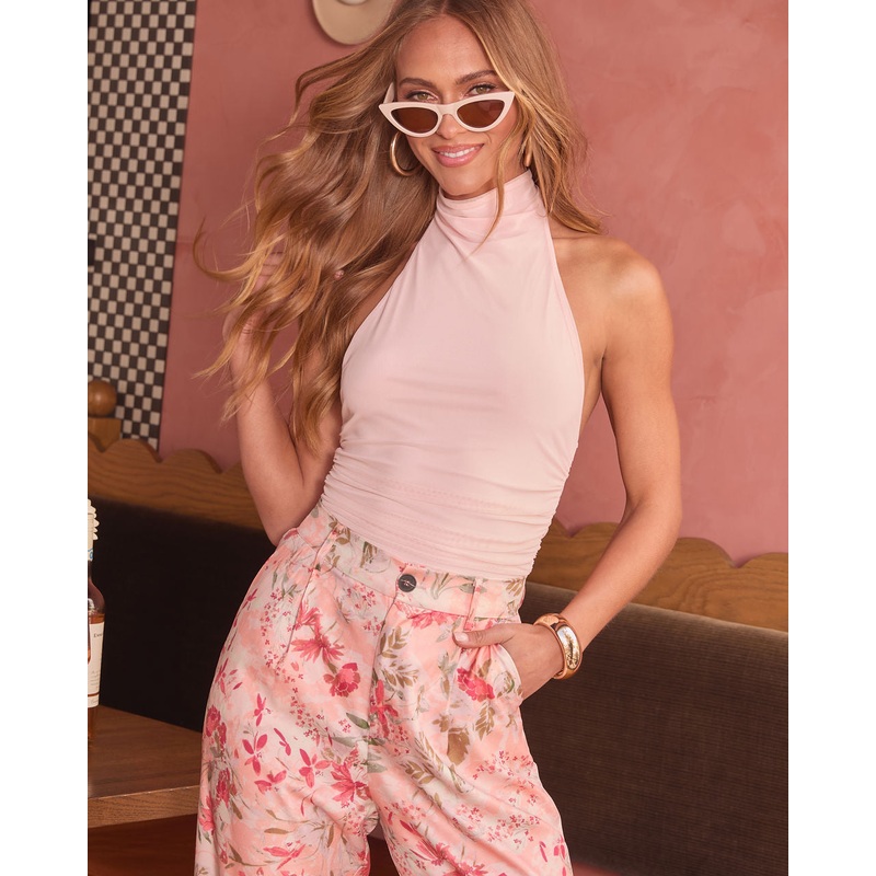 Rayne Ruched Mesh Halter Top Rose XS