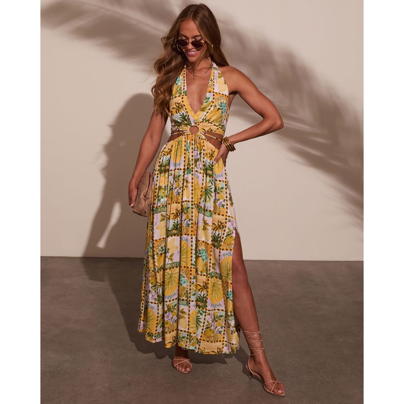 Sunny Romance Halter Maxi Dress Green Multi XS
