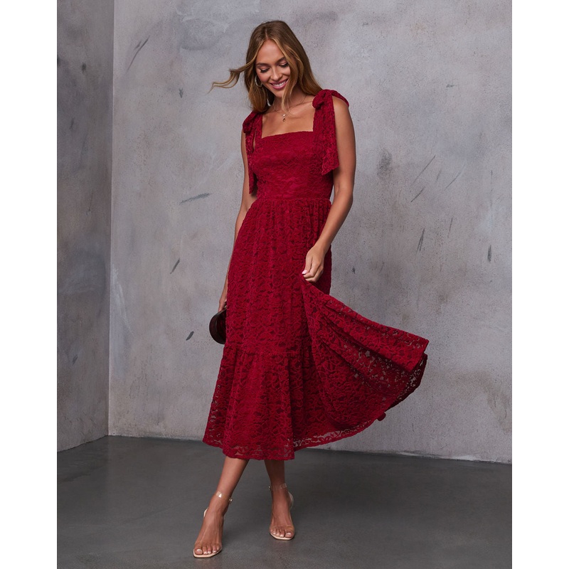 Sway Together Tiered Lace Midi Dress Wine XS