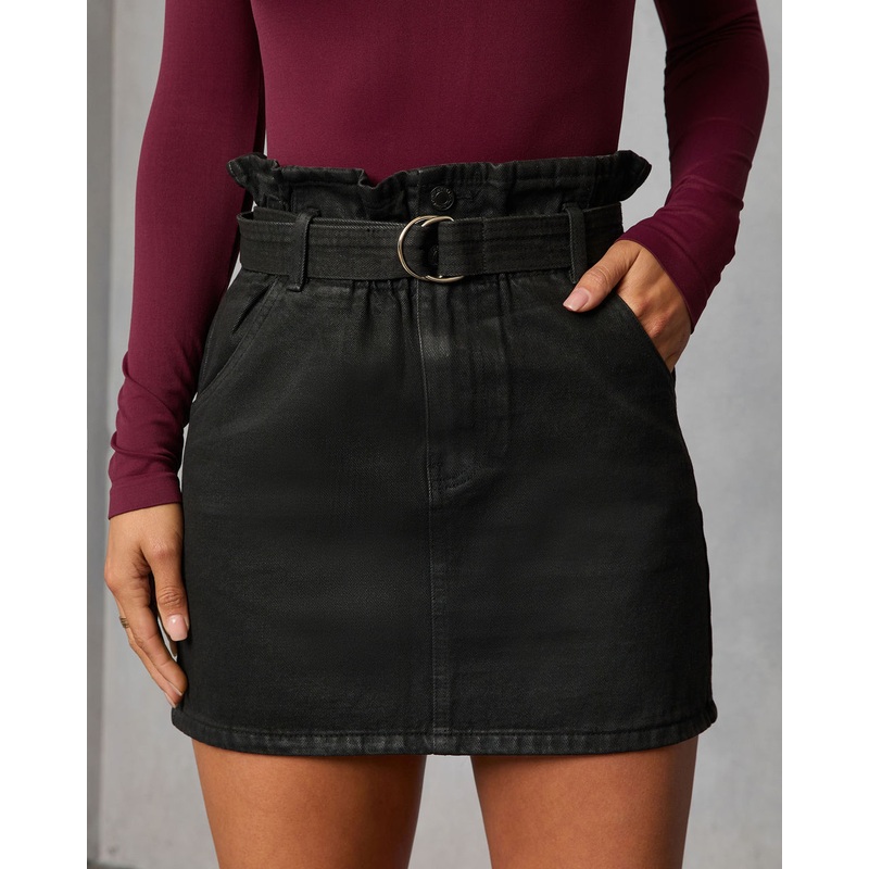 Corienne Coated Denim Paper Bag Waist Mini Skirt Black XS
