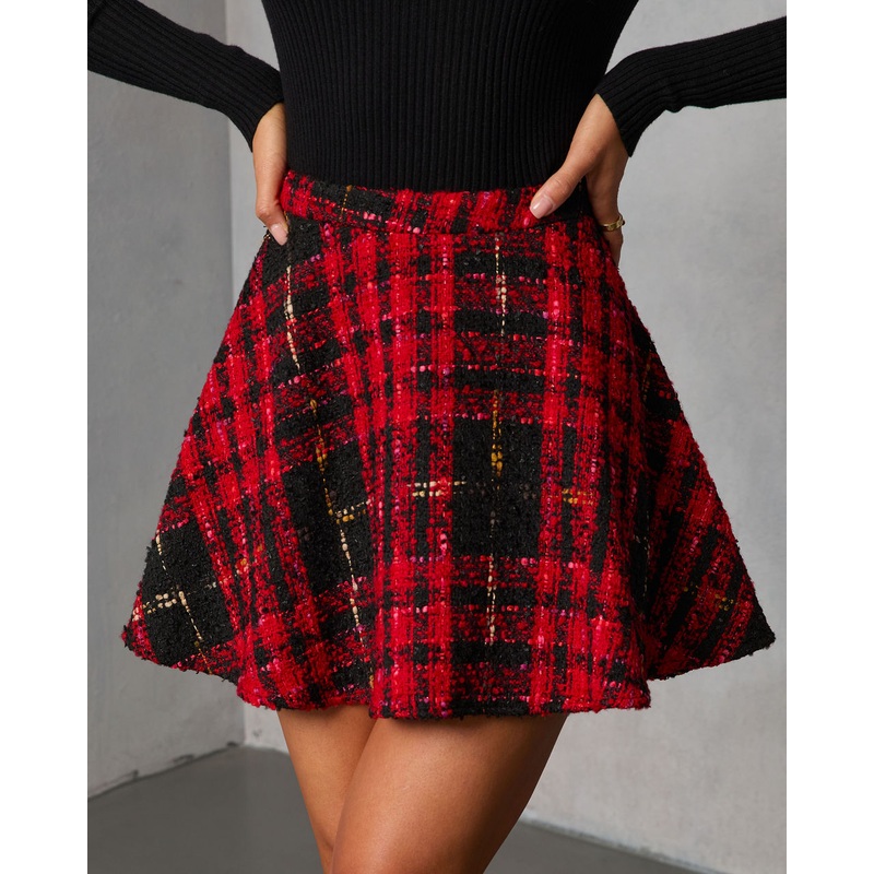 Fireside Manor Tweed Plaid Mini Skirt Red Multi XS