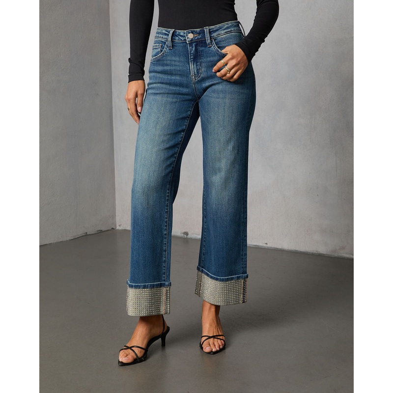 Sparkle Season Stretch Wide Leg Embellished Cuff Jeans Medium Wash 24