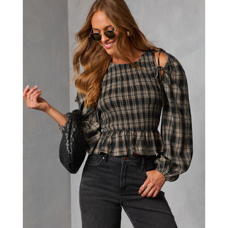 Veralie Smocked Plaid Peplum Top Black Plaid S