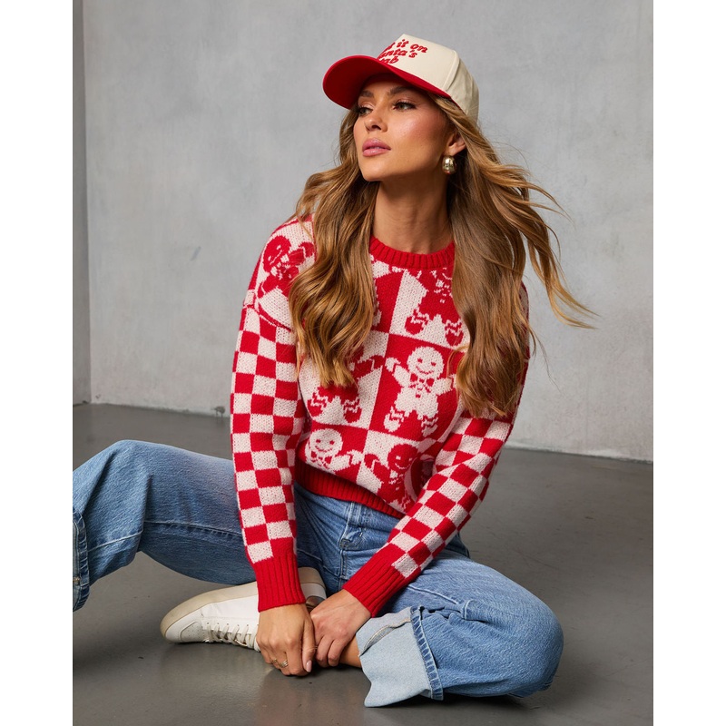 Winter Bakery Intarsia Knit Gingerbread Sweater Red S