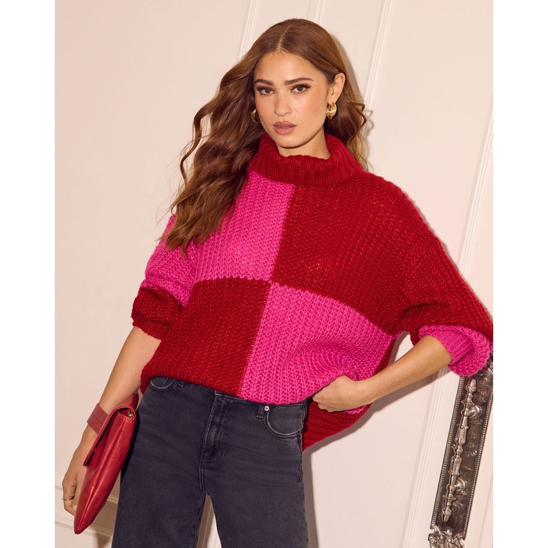 Snuggle Mode Mock Neck Colorblock Sweater Red/Pink S