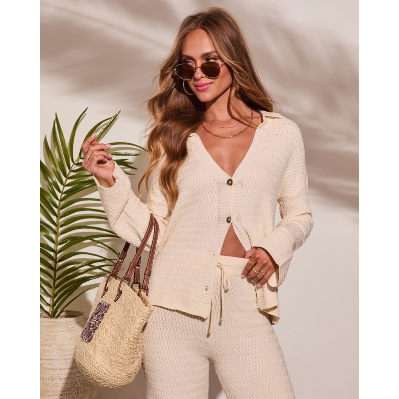 Lost In Laguna Knit Button Down Top Ivory XS