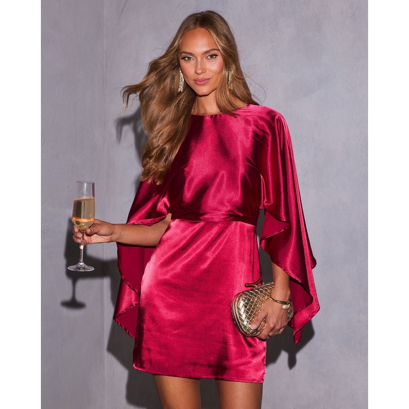 Mulled Moonlight Satin Cape Mini Dress Wine XS