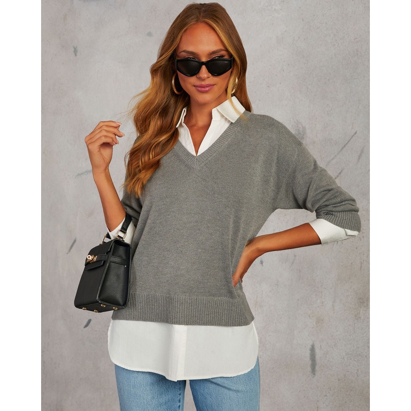 Xira Poplin Contrast Pullover Sweater Grey/White XS