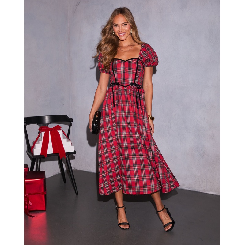 Peppermint Wishes Plaid Maxi Dress Red Plaid S