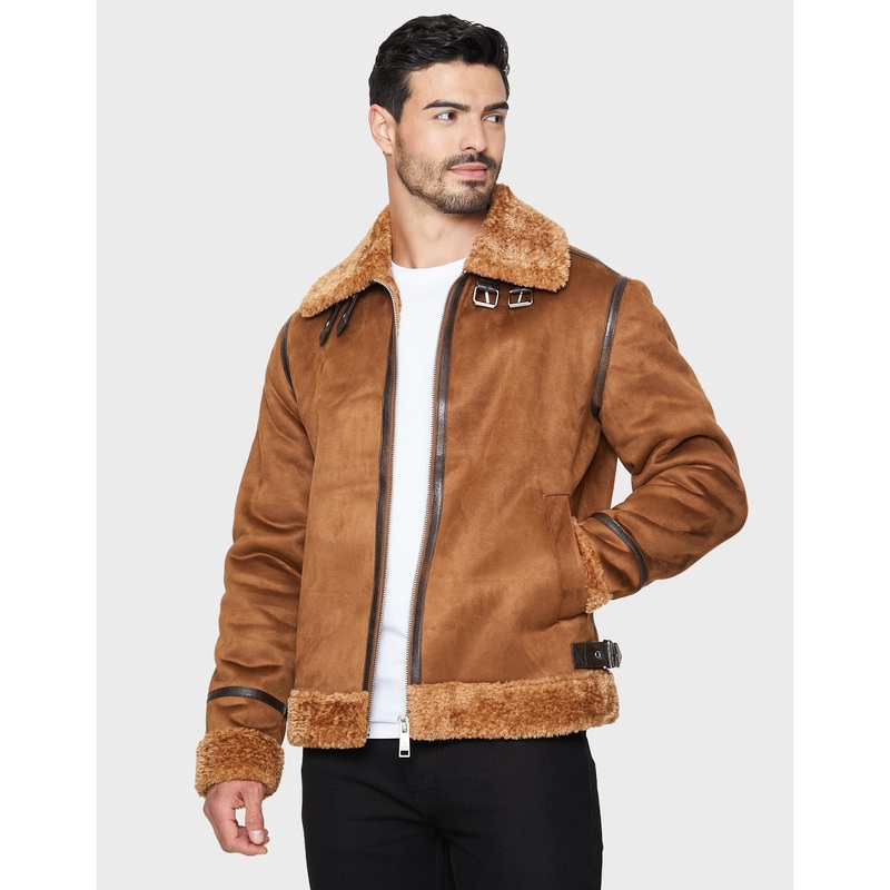 Camel Brown Faux Suede Biker Jacket Camel Brown S