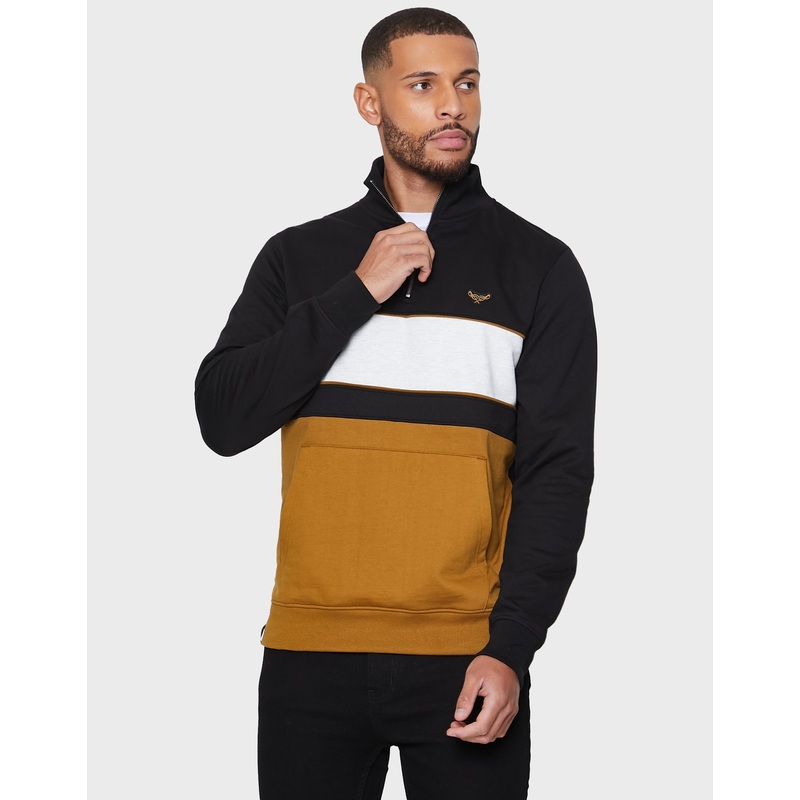 Black & Camel Colourblock Quarter Zip Jumper Black S