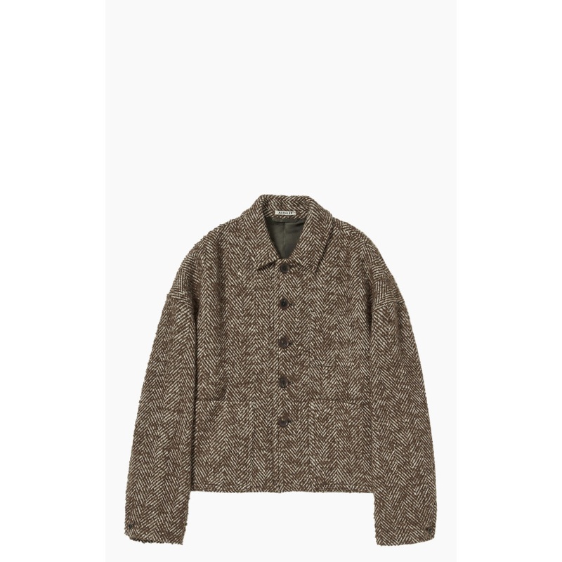 Auralee W Wool Alpaca Herringbone Tweed Short Blouson Brown Herringbone 0