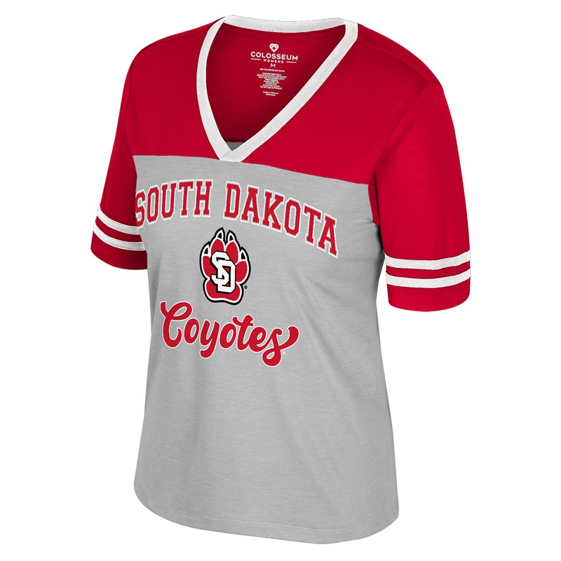 2025 Colosseum Women’s Second Choice Short-Sleeve Tee V-Neck with Striped Sleeves Gray/Red SM
