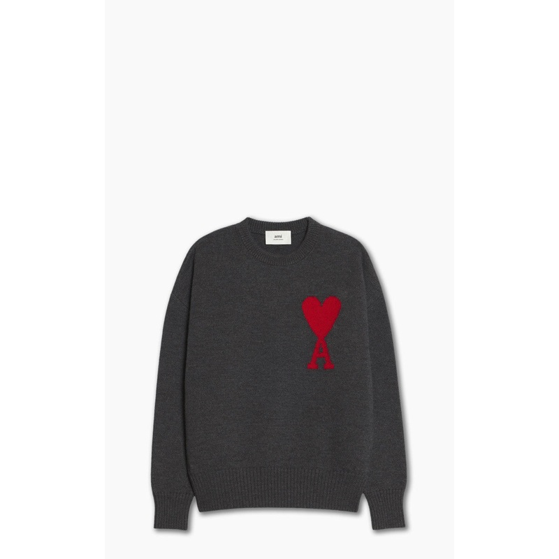 AMI Paris ADC Crewneck Sweater Knit Wool Grey/Red XS
