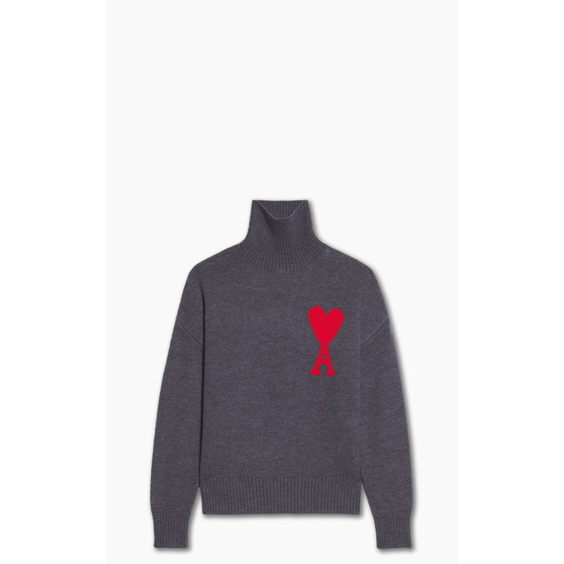 AMI Paris ADC Funnel Neck Sweater Knit Wool Grey/Red XS