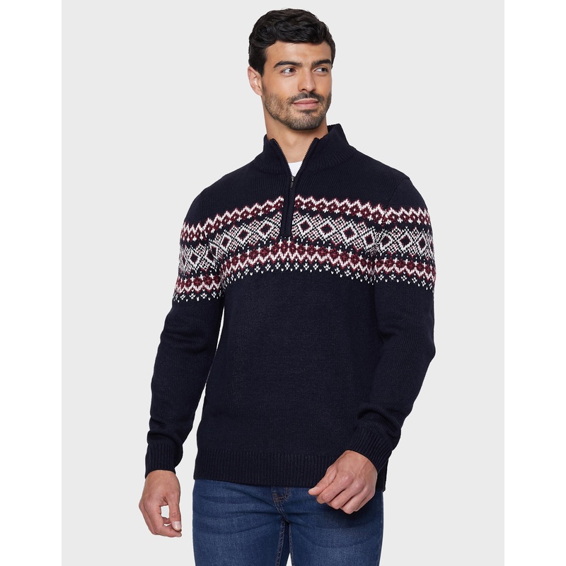 Navy Fairisle Quarter Zip Jumper Navy S