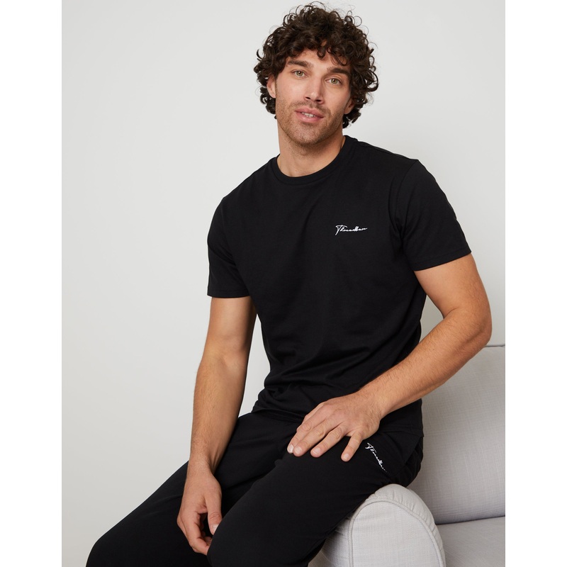 Black Embroidered Short Sleeve Pyjamas (2-Piece Set) Black S